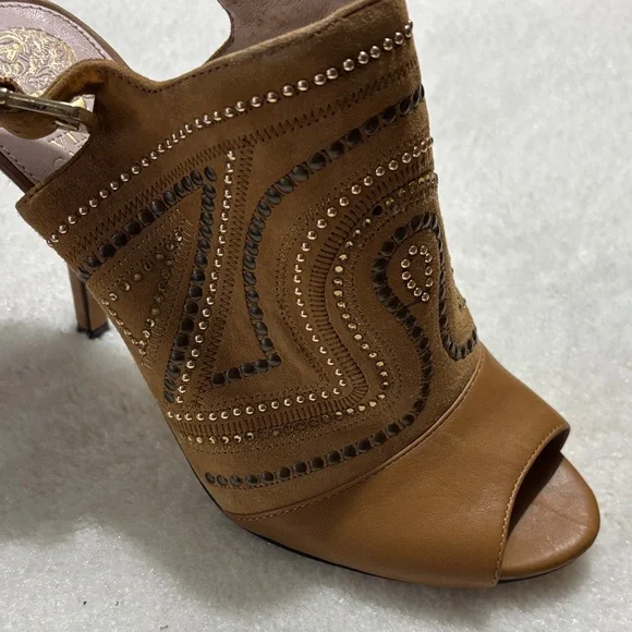 Vince Camuto Studded Tan Peep-Toe Heels - Picture 3 of 4